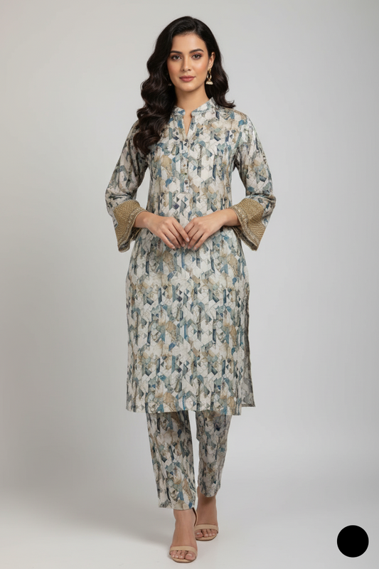 Lawn A-Line printed shirt - Pakistani women's casual summer outfit with cotton trouser and lawn dupatta front view