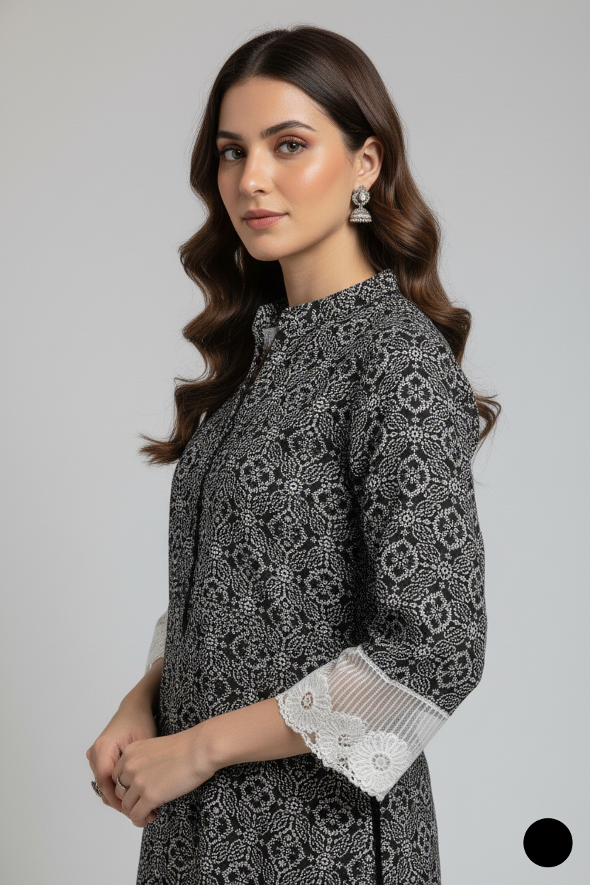 Pakistani women's lawn A-Line printed casual outfit detail view