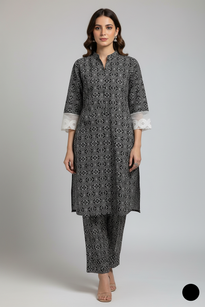Lawn A-Line printed shirt - Pakistani women's casual summer outfit with cotton trouser and lawn dupatta front view