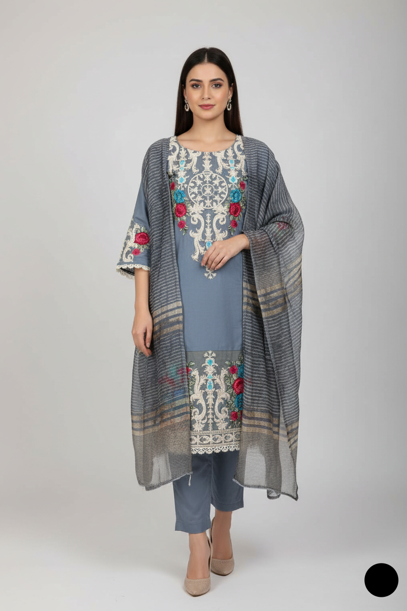 Lawn A-Line shirt grey - Pakistani women's casual summer outfit with cotton trouser and lawn dupatta front view