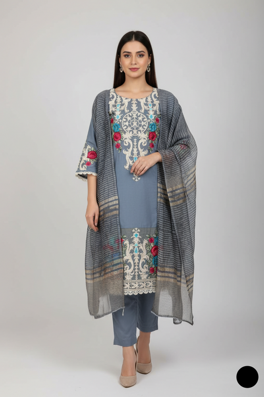 Lawn A-Line shirt grey - Pakistani women's casual summer outfit with cotton trouser and lawn dupatta front view