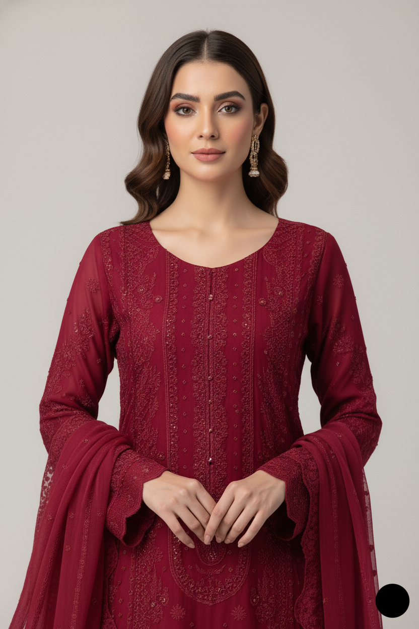 Maroon silk Pakistani women's short shirt side view