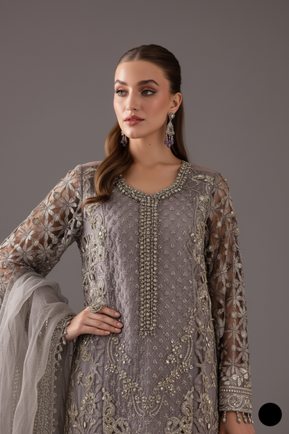 Grey organza Pakistani women's straight shirt side view