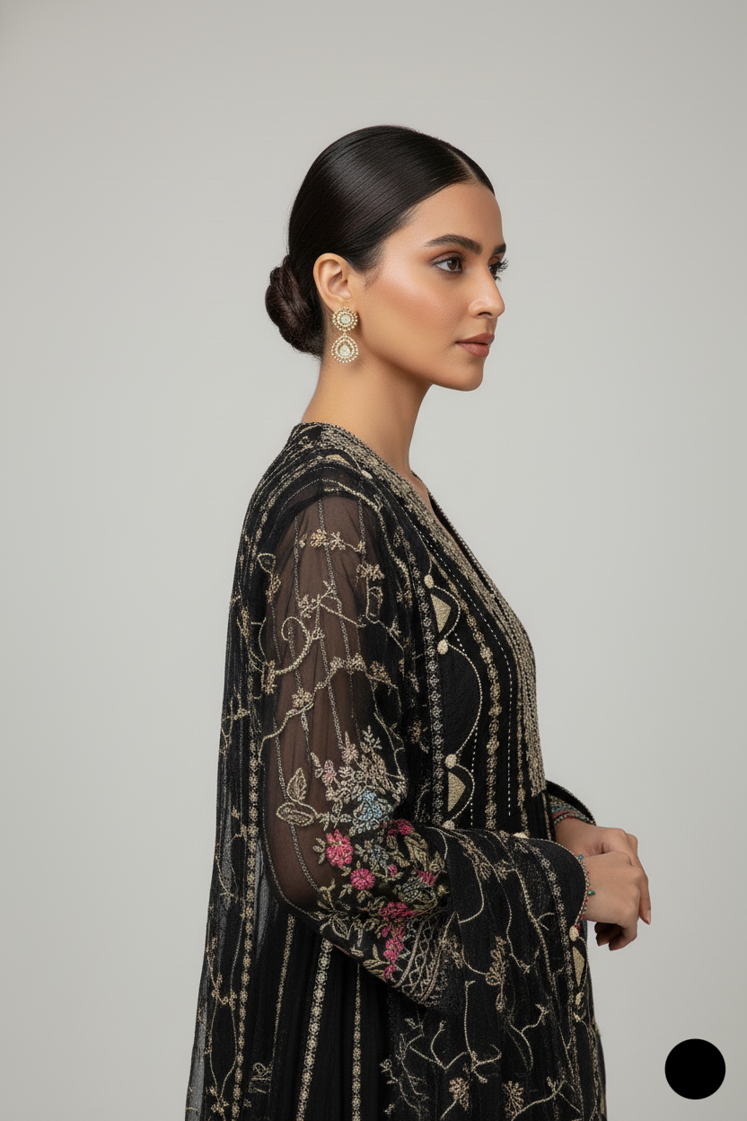 ABL 4121 BLK Pakistani women's party wear long frock with organza dupatta back view