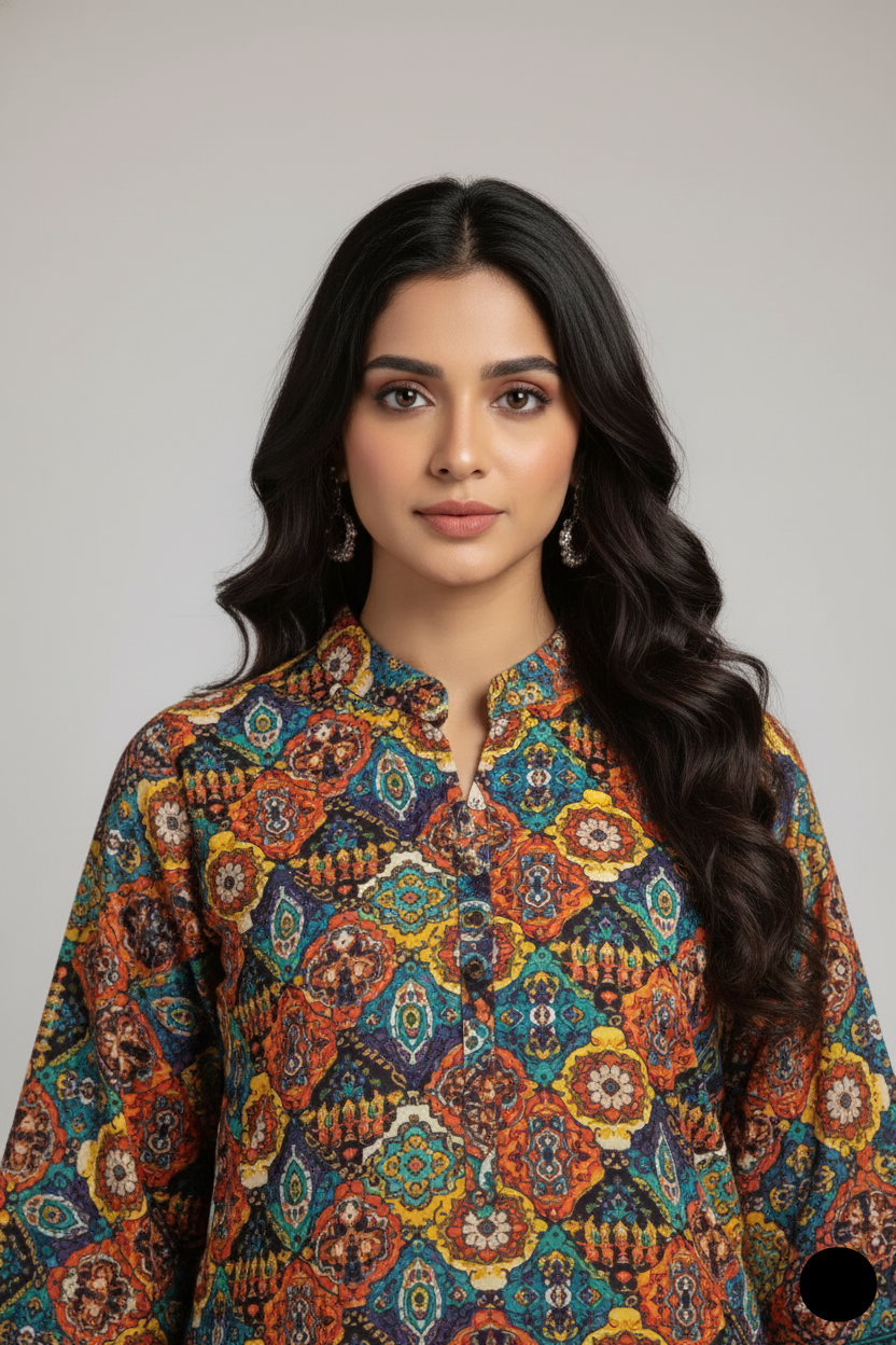 Pakistani women's lawn A-Line printed casual shirt side view
