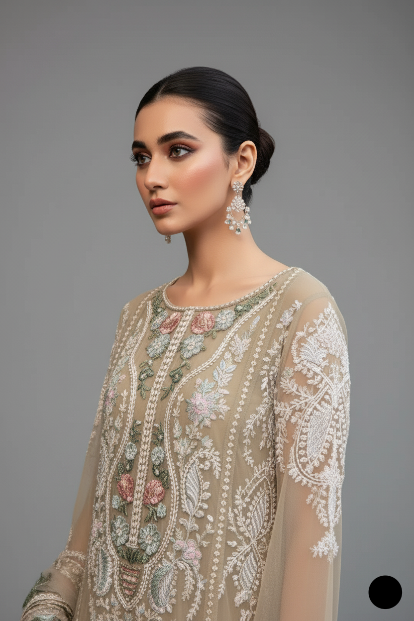 Pakistani women's skin chiffon A-Line shirt detail view