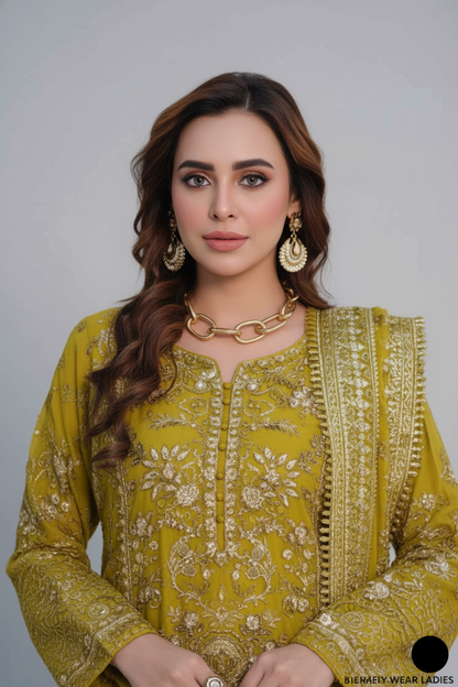 Mehndi green organza Pakistani women's straight shirt side view