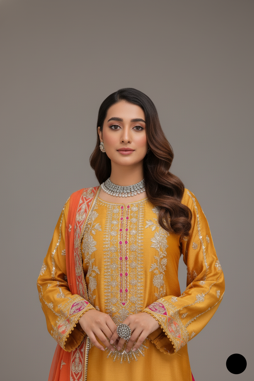 Mustard yellow silk Pakistani women's straight shirt side view