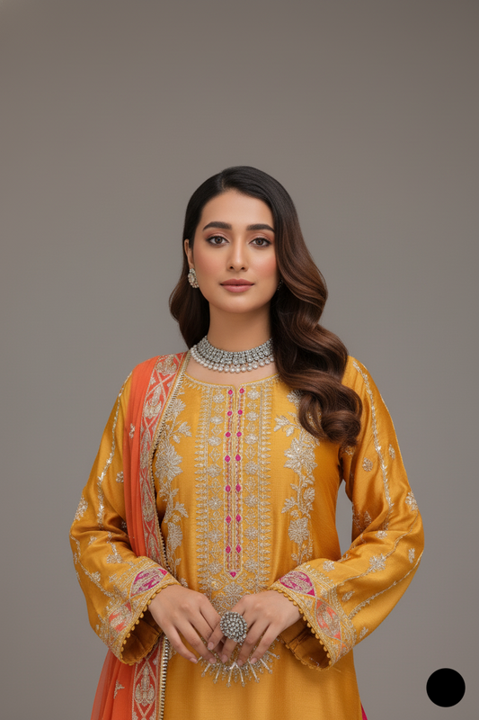 Mustard yellow silk Pakistani women's straight shirt side view