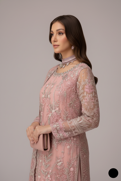 Pakistani women's tea pink chiffon straight shirt detail view
