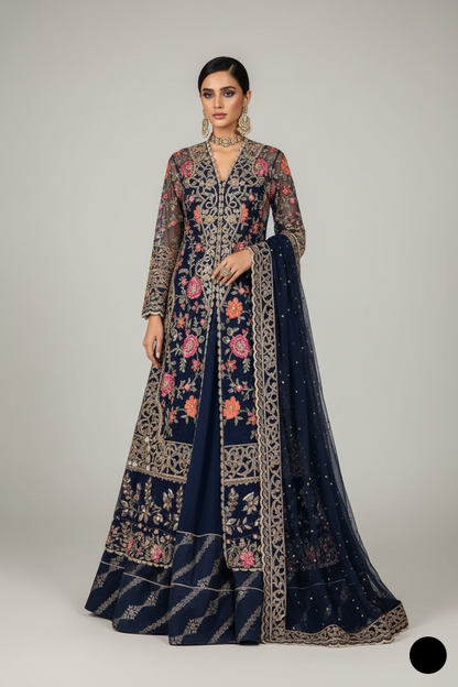 Organza shirt lehenga ABL 3988 - Pakistani women's formal party wear with net dupatta front view