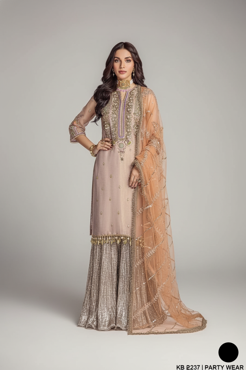 Pure resham mesuri hand embroidered sharara KB P237 - Pakistani women's bridal party wear front view