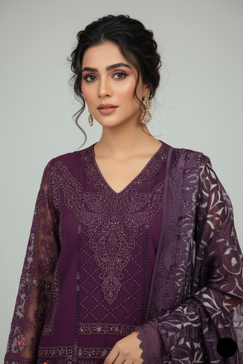 Purple chiffon Pakistani women's straight shirt with plazo side view