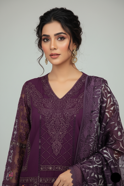 Purple chiffon Pakistani women's straight shirt with plazo side view