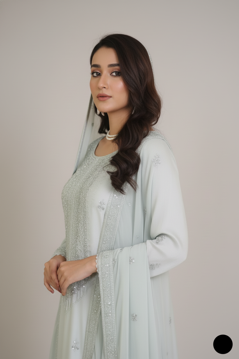 Pakistani women's aqua silk straight shirt back view