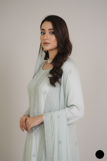 Pakistani women's aqua silk straight shirt back view