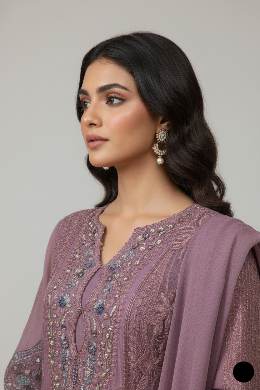Pakistani women's lilac chiffon straight shirt plazo detail view