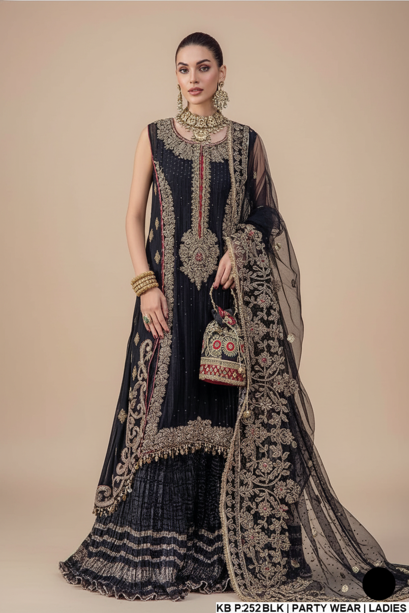 KB P252 Pakistani women's crinkle chiffon sharara detail view
