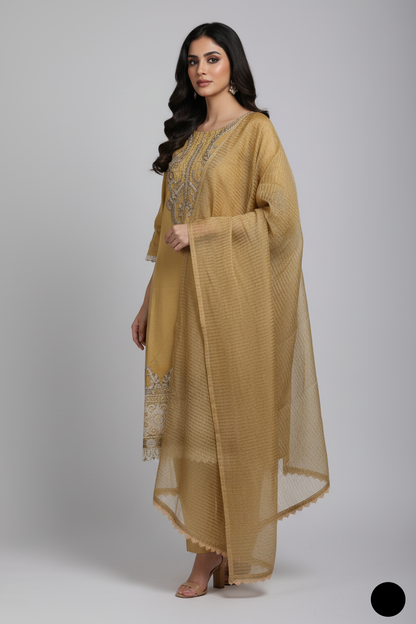 Pakistani women's golden lawn A-Line casual shirt detail view