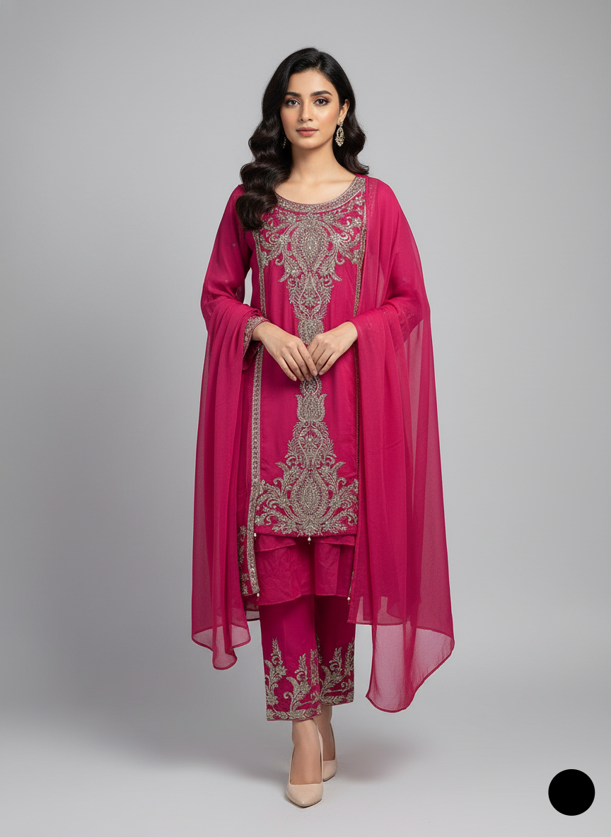 Chiffon gown frock PNW 512 - Pakistani women's festive party wear with grip trouser and chiffon dupatta front view