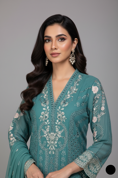 Light green chiffon Pakistani women's straight shirt with plazo side view