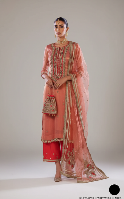 Masuri straight shirt KB P254 - Pakistani women's luxury party wear with silk trouser front view