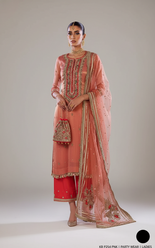 Masuri straight shirt KB P254 - Pakistani women's luxury party wear with silk trouser front view