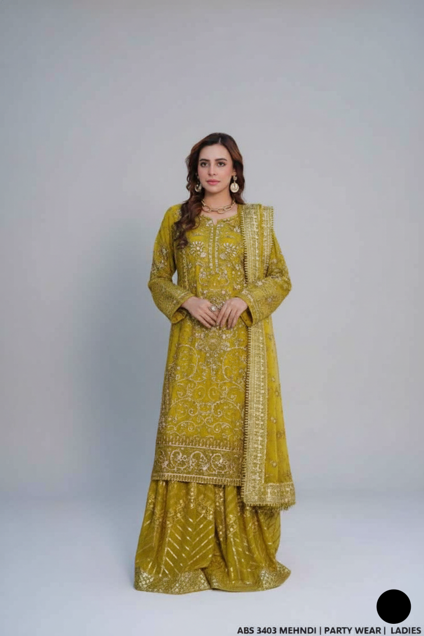 Organza straight shirt mehndi green - Pakistani women's elegant formal wear with viscose trouser and organza dupatta front view