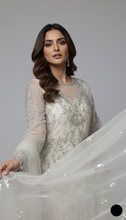 Pakistani women's off white organza A-Line shirt detail view