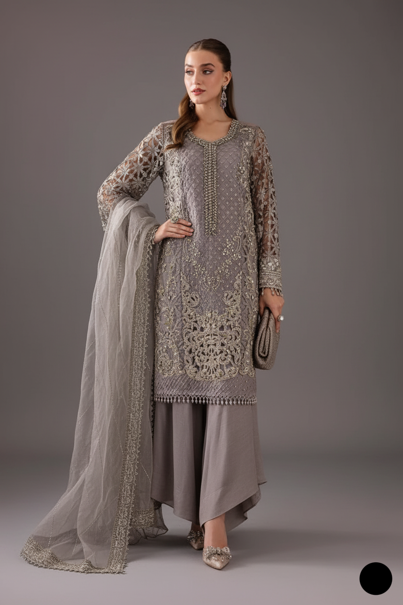 Organza straight shirt grey - Pakistani women's elegant formal wear with viscose trouser and organza dupatta front view