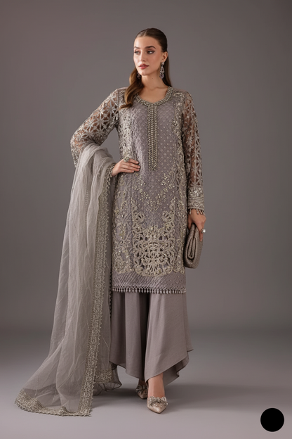 Organza straight shirt grey - Pakistani women's elegant formal wear with viscose trouser and organza dupatta front view