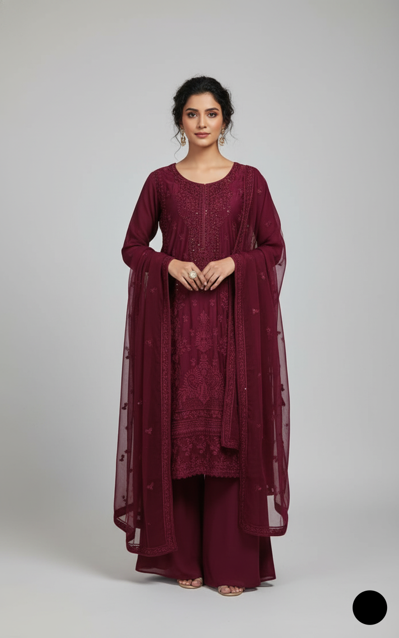 Silk straight shirt maroon - Pakistani women's formal party wear with silk trouser and chiffon dupatta front view