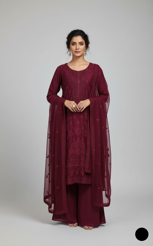Silk straight shirt maroon - Pakistani women's formal party wear with silk trouser and chiffon dupatta front view