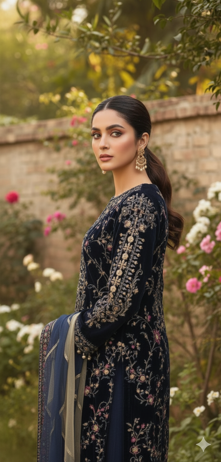 Navy blue velvet Pakistani women's open shirt side view