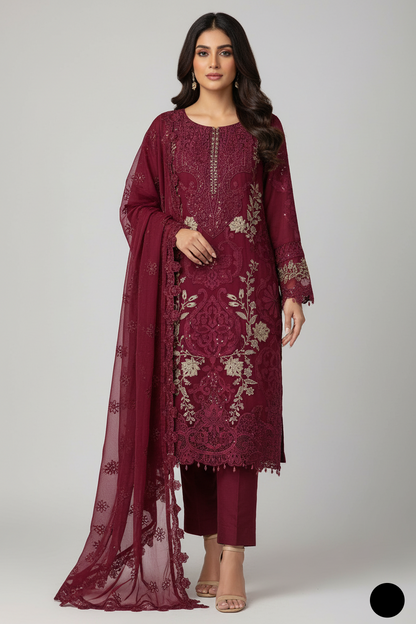 Organza straight shirt maroon - Pakistani women's elegant formal wear with viscose trouser and organza dupatta front view