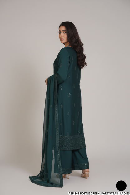 Pakistani women's bottle green silk straight shirt back view