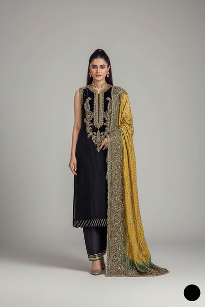 Crinkle chiffon hand embroidered shirt KB P241 - Pakistani women's luxury party wear with silk chunri dupatta front view