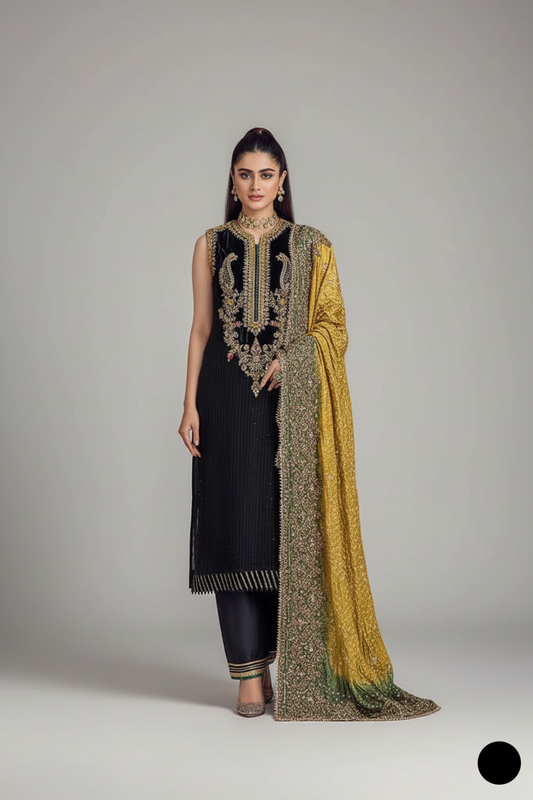 Crinkle chiffon hand embroidered shirt KB P241 - Pakistani women's luxury party wear with silk chunri dupatta front view