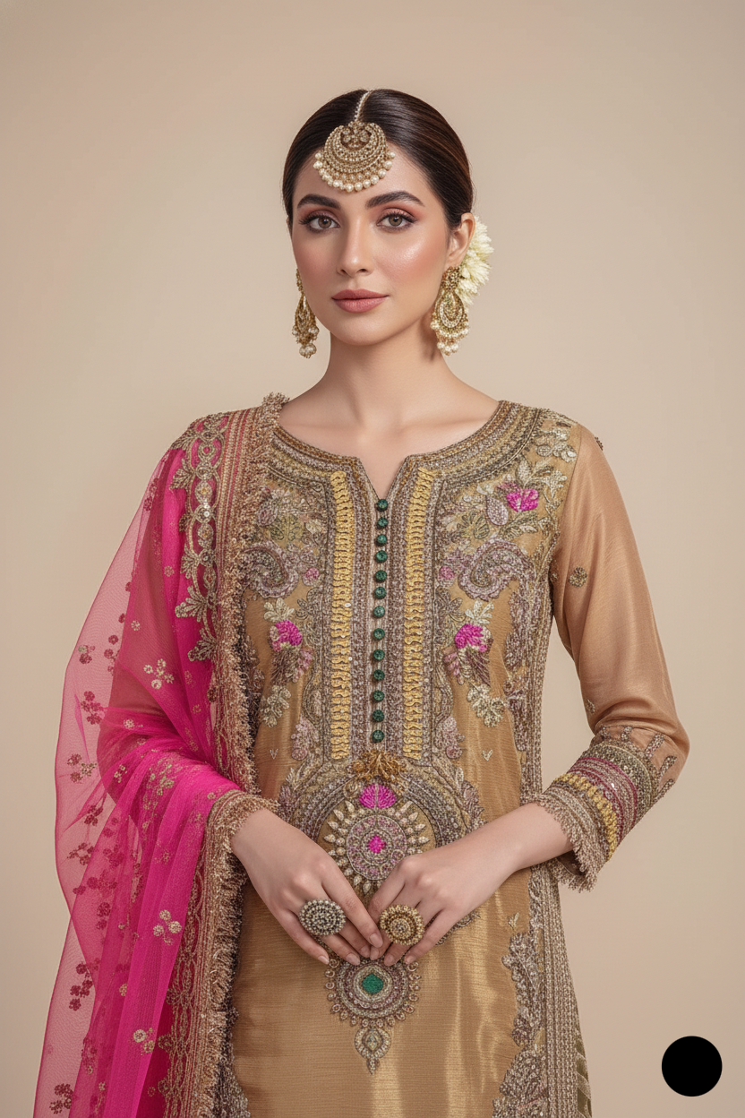KB P231 GOLDEN masuri Pakistani women's straight shirt with gharara side view