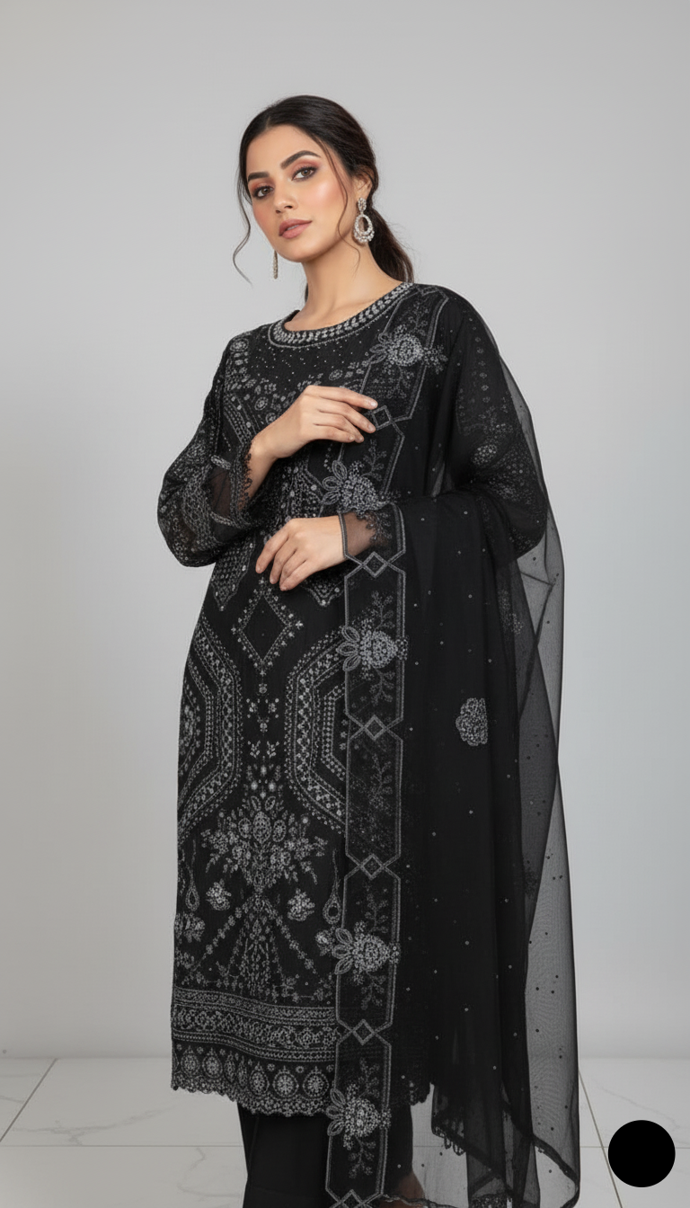 Pakistani women's black chiffon straight shirt detail view