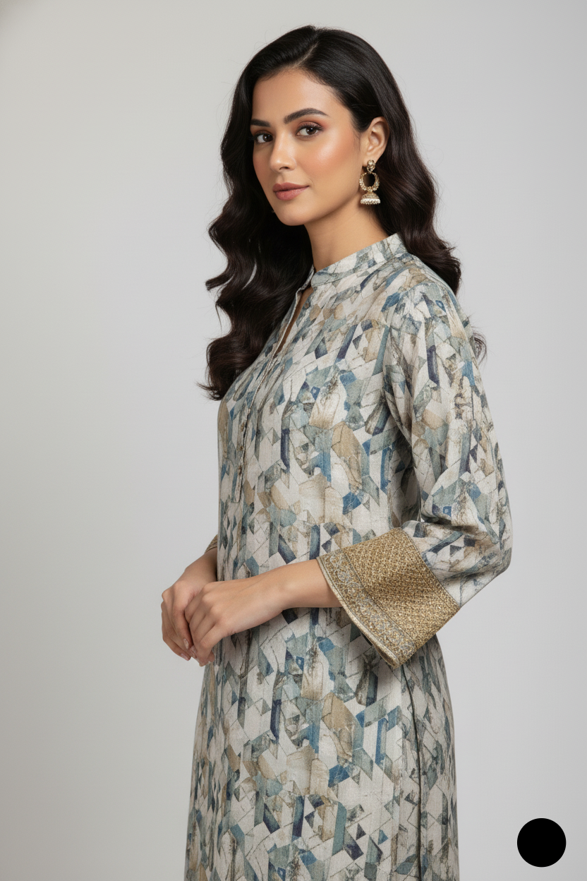 Pakistani women's lawn A-Line printed casual outfit detail view