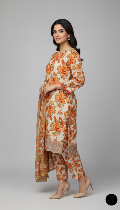 Pakistani women's lawn A-Line printed casual outfit detail view