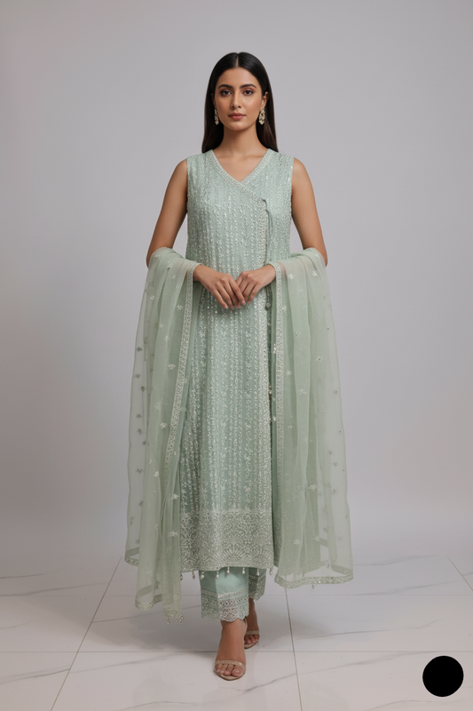Masuri net angrakha frock ABL 3771 - Pakistani women's elegant outfit with cotton trouser front view
