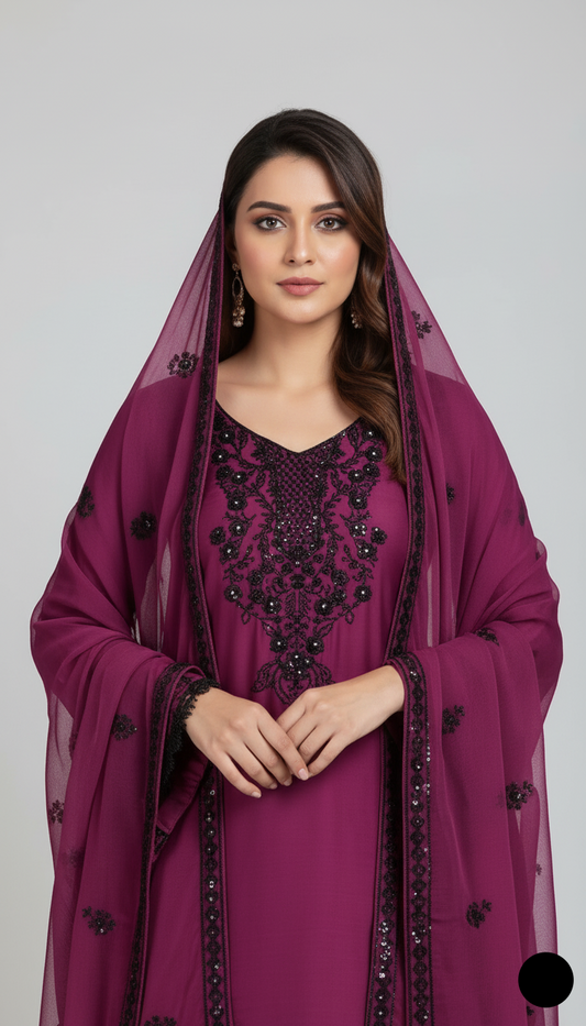 Silk straight shirt plum - Pakistani women's formal party wear with silk trouser and chiffon dupatta front view