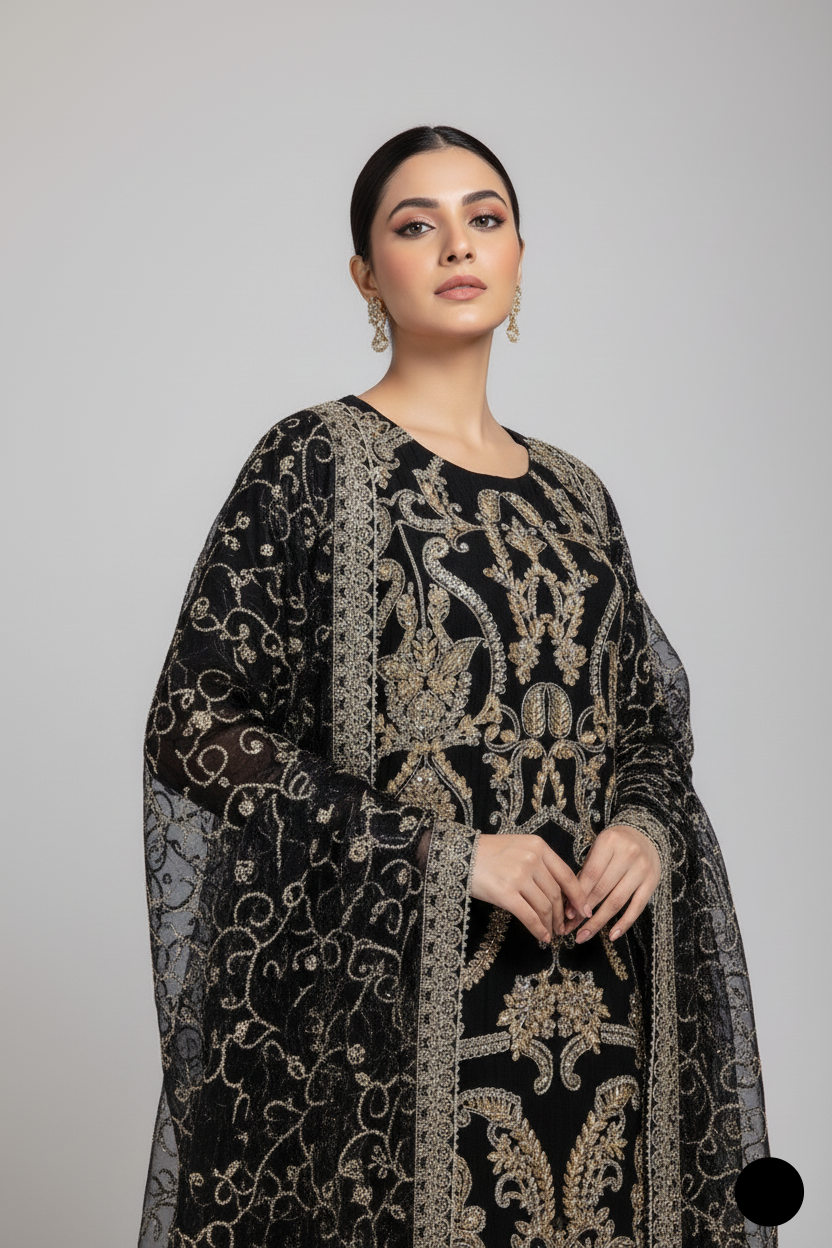 Pakistani women's black organza straight shirt detail view