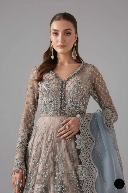 Grey organza Pakistani women's A-Line shirt side view