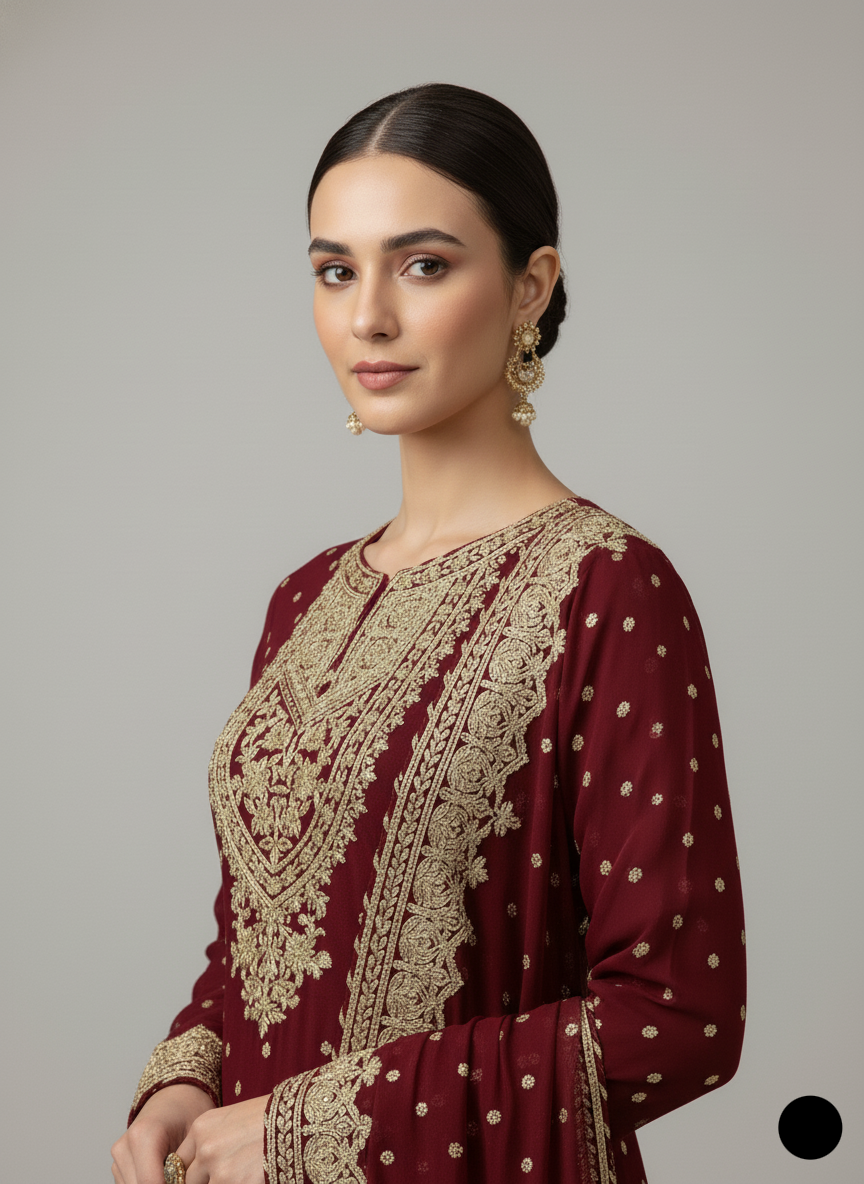 ABL 3837 Pakistani women's luxury chiffon outfit with chiffon dupatta detail view
