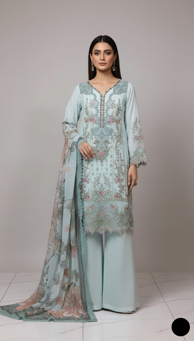 Chiffon A-Line shirt icy blue - Pakistani women's elegant formal wear with viscose trouser and chiffon dupatta front view
