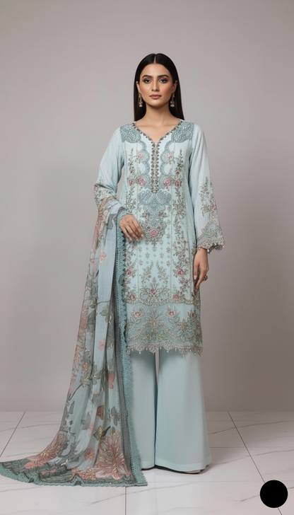 Chiffon A-Line shirt icy blue - Pakistani women's elegant formal wear with viscose trouser and chiffon dupatta front view