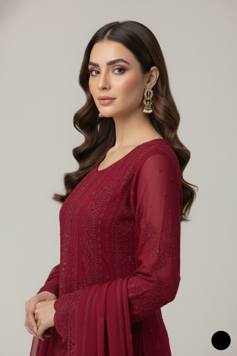 Pakistani women's maroon silk short shirt detail view
